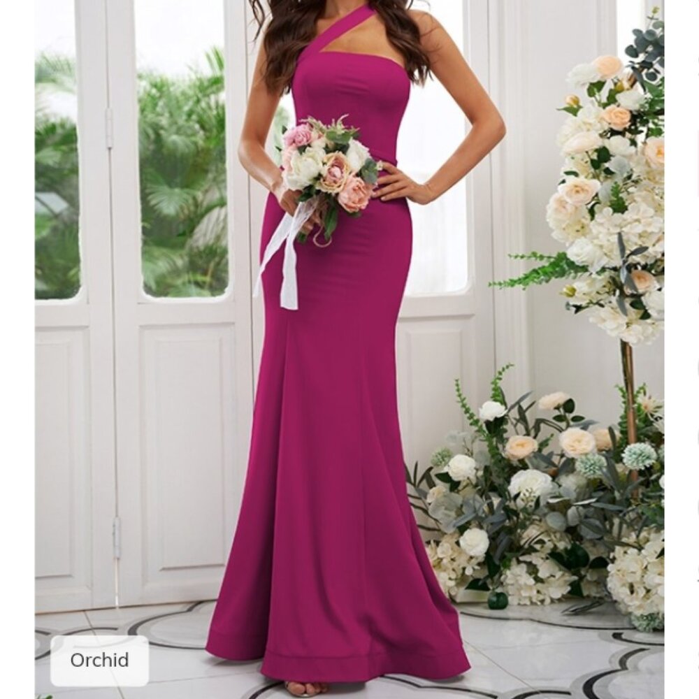 NEW HEBEOS 12/L One-Shoulder Sleeveless Full Length Bridesmaid Dress Orchid Pink
